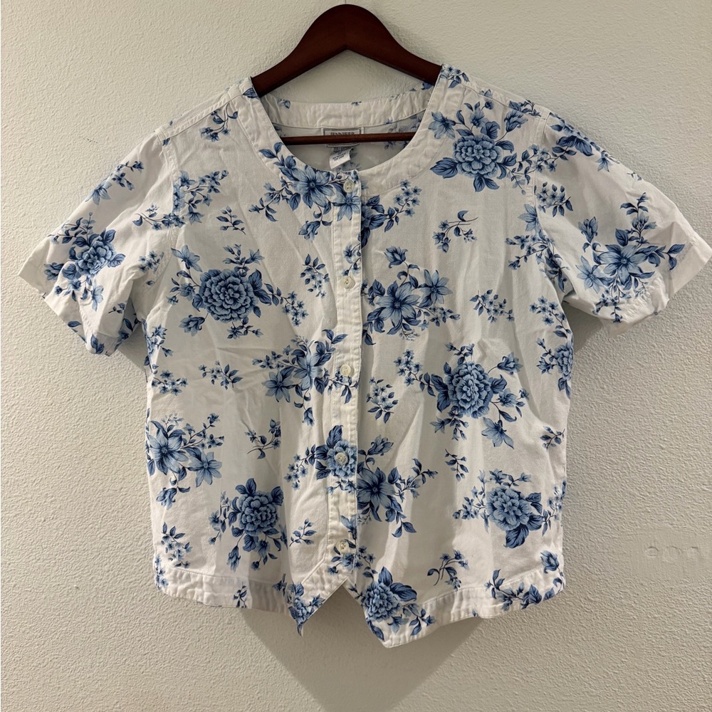 Vintage Jennifer Moore Blue Floral Button Down Shirt Cotton Cottagecore M